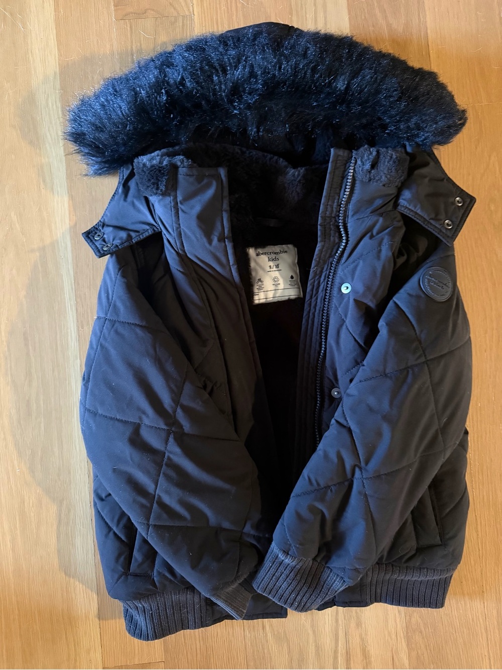 Abercrombie Kids Black Quilted Winter Jacket with Faux Fur Hood